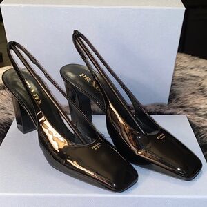 Prada Glossy Black Slingback Heels